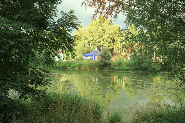 在公园的水边建房子。城市景观与美丽的森林和树木。库存图片背景。图片下载