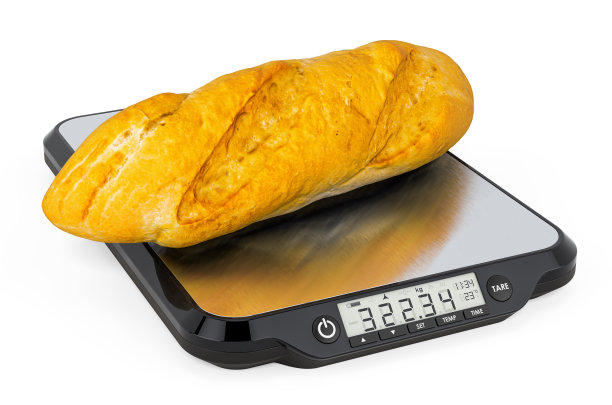 厨房尺度与法棍。3D渲染孤立在白色背景图片下载