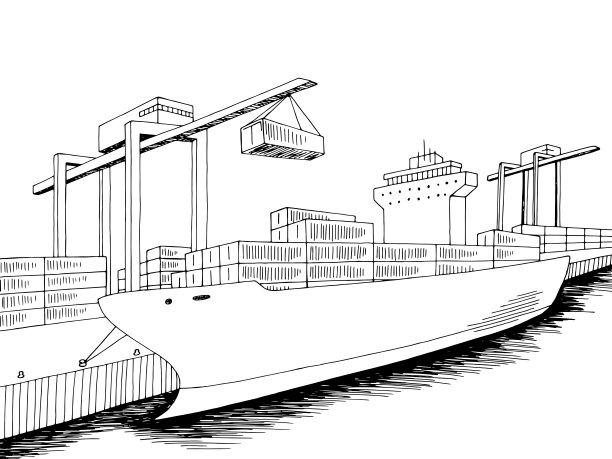 港口装载干货船图形黑白海洋景观草图插图向量图片下载