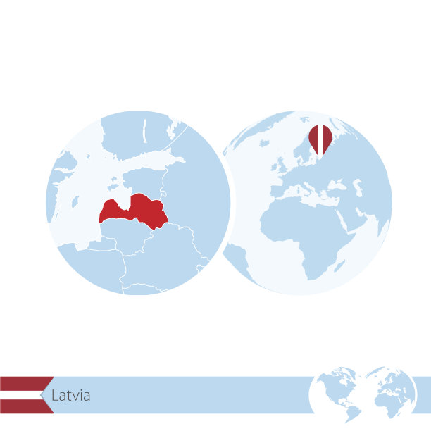 拉脱维亚在世界上，有旗帜和区域地图图片下载