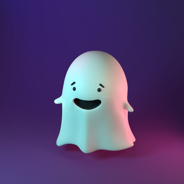 可爱友好的幽灵的3D渲染插图在紫色的背景。万圣节快乐横幅或派对邀请图片下载