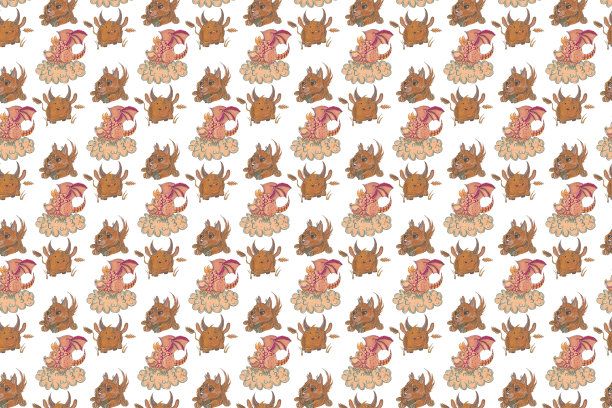 手绘插图公牛，狗和龙。无缝模式。图片下载