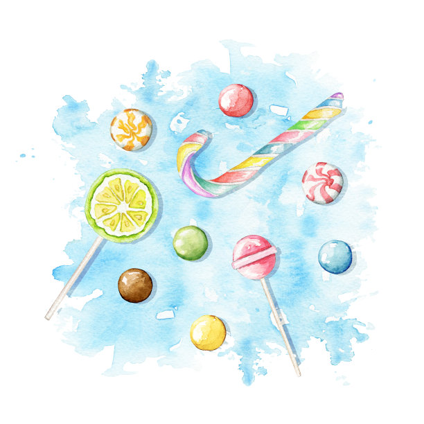 水彩明亮的糖果，棒棒糖和糖果在蓝色染色背景图片下载