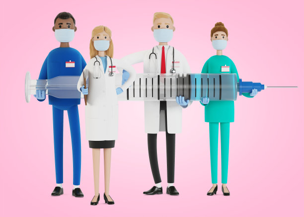 医生。一群医护人员正拿着注射器。主任医师和医学专家。3D插图卡通风格。图片下载