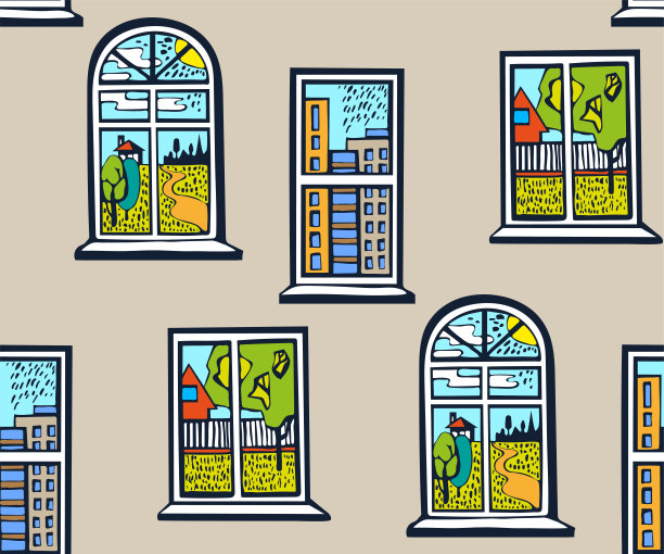 带景观的矢量平面窗户。手绘墨水插图。现代装饰装饰背景。矢量模式。印刷纺织品，布料，墙纸，剪贴簿图片下载