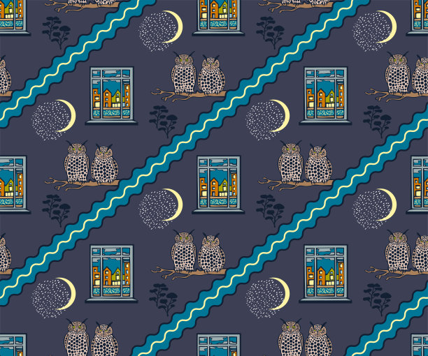 带景观和猫头鹰的矢量平面窗户。手绘墨水插图。现代装饰装饰背景。矢量模式。印刷纺织品，布料，墙纸，剪贴簿图片下载