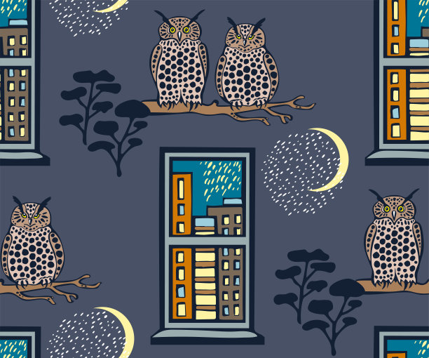 带景观和猫头鹰的矢量平面窗户。手绘墨水插图。现代装饰装饰背景。矢量模式。印刷纺织品，布料，墙纸，剪贴簿图片下载