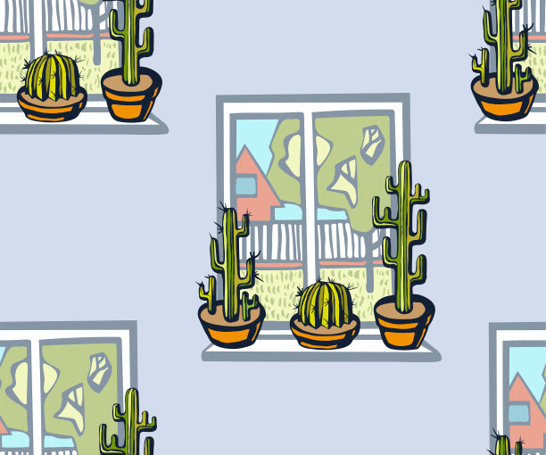 手绘矢量平面窗户景观和仙人掌。手绘墨水插图。现代装饰装饰背景。矢量模式。印刷纺织品，布料，墙纸，剪贴簿图片下载
