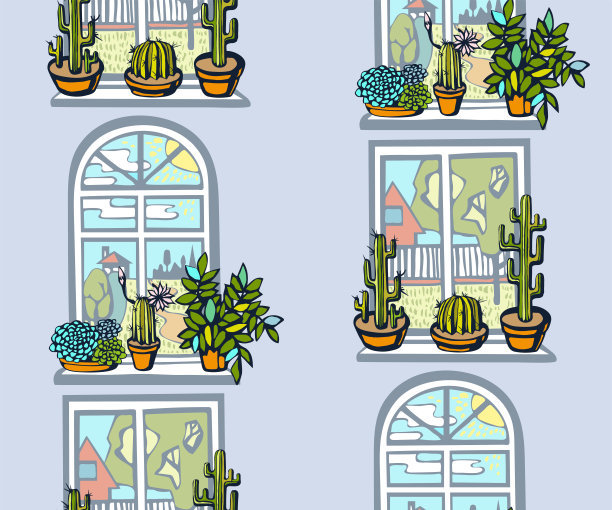 手绘矢量平面窗户景观和仙人掌。手绘墨水插图。现代装饰装饰背景。矢量模式。印刷纺织品，布料，墙纸，剪贴簿图片下载