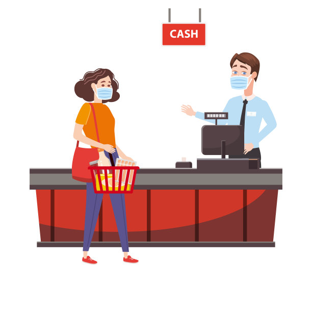 超市商店柜台收银员和采购员都在图片下载