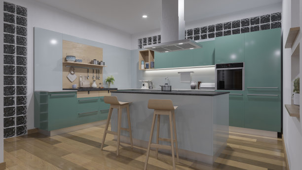 家庭厨房的夜间效果图，使用柔和的绿色橱柜图片下载