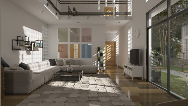 开放式住宅内的起居室，有一个夹层，可以享受自然日光图片下载