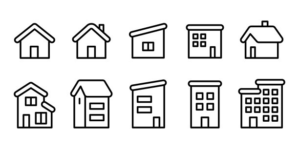 家和三层楼的房子图标集。矢量插图形象。股票插图图片下载