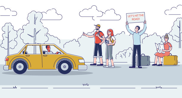 搭便车的人在路上摸索，徒步旅行时路过的汽车。人们背着背包站在路边图片下载