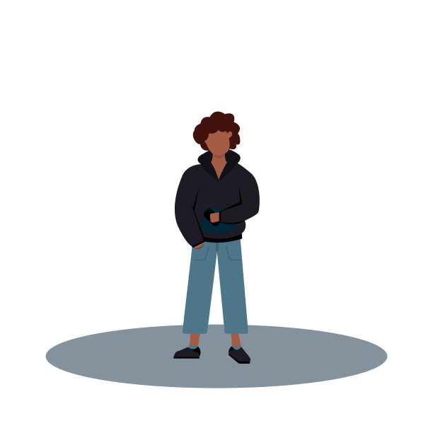 一个穿帽衫的卷毛黑人在看智能手机。平的卡通人物图片下载