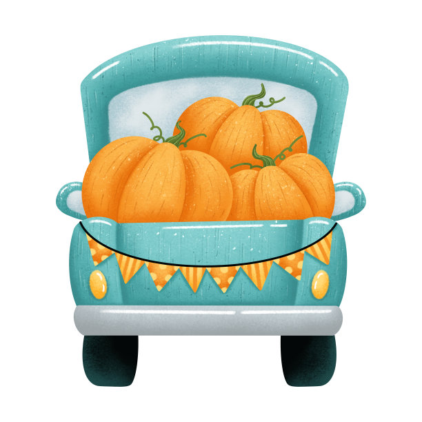 插图一个可爱的卡通绿色皮卡与橙色的南瓜图片下载