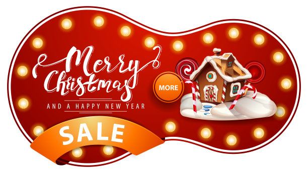圣诞快乐，新年快乐，红色的折扣横幅上挂着灯泡，橙色的丝带和圣诞姜饼屋图片下载