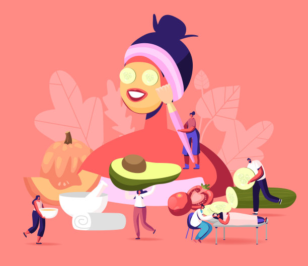 带着面具和黄瓜片的巨大女人周围的小角色。皮肤护理，水疗沙龙图片下载