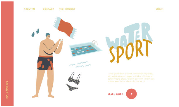 游泳类登陆页面模板。男子游泳运动员。在泳池边戴游泳帽和眼镜的男人性格图片下载