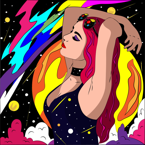 在宇宙抽象天空的背景下，一个年轻的女人举起了手。图片下载