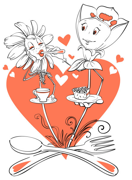 咖啡馆花概念画情侣在喝咖啡和吃甜点图片下载