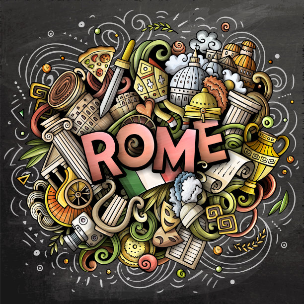 罗马手绘卡通涂鸦插画。设计有趣的旅行。图片下载