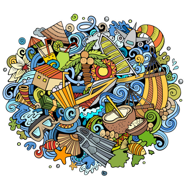 马尔代夫手绘卡通涂鸦插画。设计有趣的旅行。图片下载