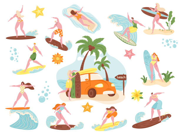 冲浪者，海滩人冲浪矢量插图集，卡通平面活跃的男人女人人物游泳，冲浪在海浪冲浪板上的图标图片下载