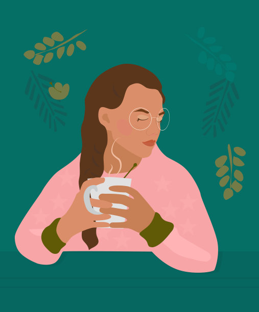 Сute女孩与辫子持有杯与热饮在她的手。装着茶、可可或咖啡的杯子会冒出蒸汽。舒适的秋天的心情。图片下载