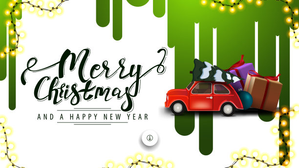圣诞快乐，新年快乐，白色的打折横幅上有绿色的条纹在白色的墙壁和红色的古董车载着圣诞树图片下载
