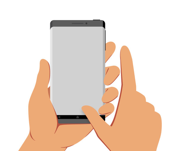 一只手拿着智能手机，另一只手去触摸它的屏幕模板，平面设计风格插图图片下载
