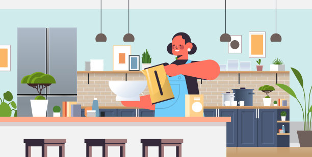 快乐的女人准备食物在家里做饭概念现代厨房内部图片下载