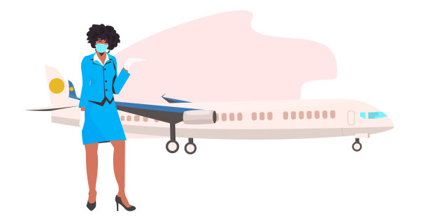 身着制服戴口罩的非裔美国空姐，防止COVID-19大流行的隔离图片下载