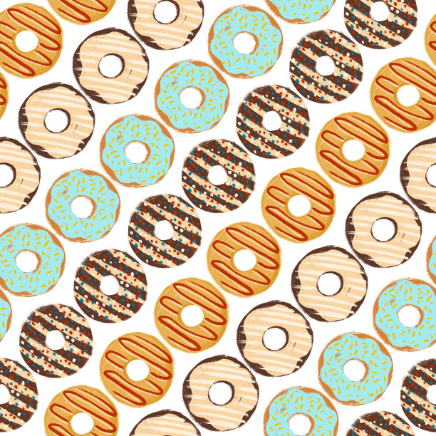 各种彩色釉面和点缀在白色背景上的甜甜圈。无缝模式图片下载