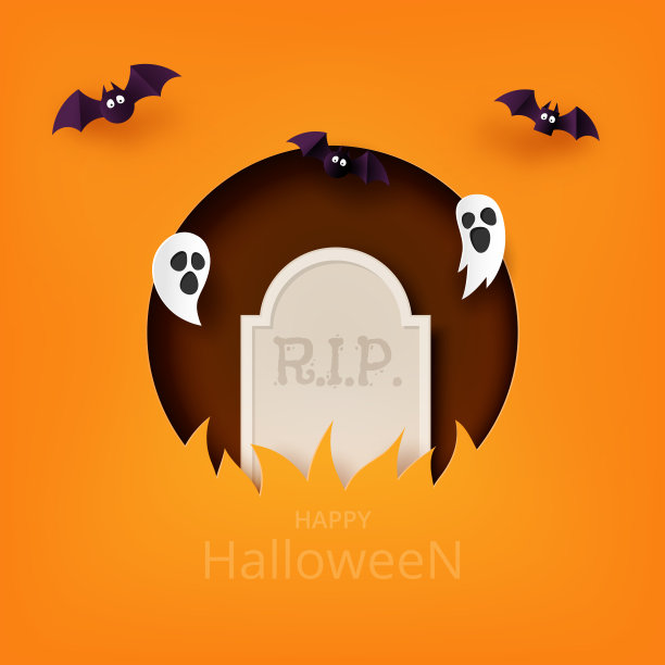 万圣节快乐横幅背景纸美术风格模板。墓碑上有会飞的鬼魂和蝙蝠。图片下载