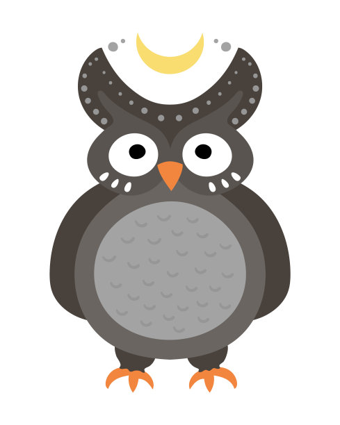带有半个月亮的可爱矢量猫头鹰：万圣节角色图标，带有飞行黑色动物的秋季诸圣节前夕插画，萨姆哈因节儿童派对标志，波西米亚或星空设计图片下载