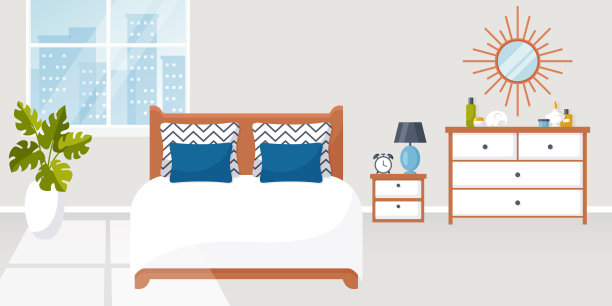 卧室插图在几何形状-床，两个床头柜和图片图片下载