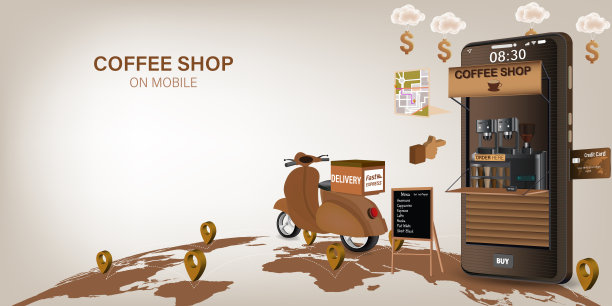咖啡店移动配送。电子商务在线概念。在线咖啡，食品和饮料订单信息图。网页，应用程序设计。矢量插图。图片下载