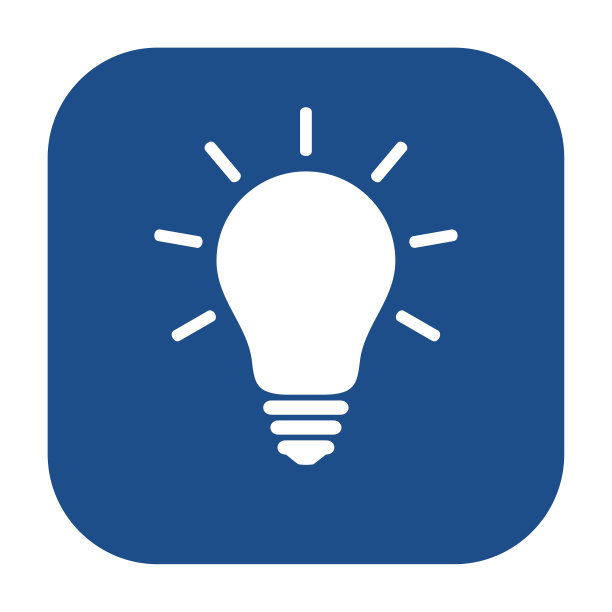 蓝色圆形方形发光灯泡图标，按钮孤立在白色背景。图片下载