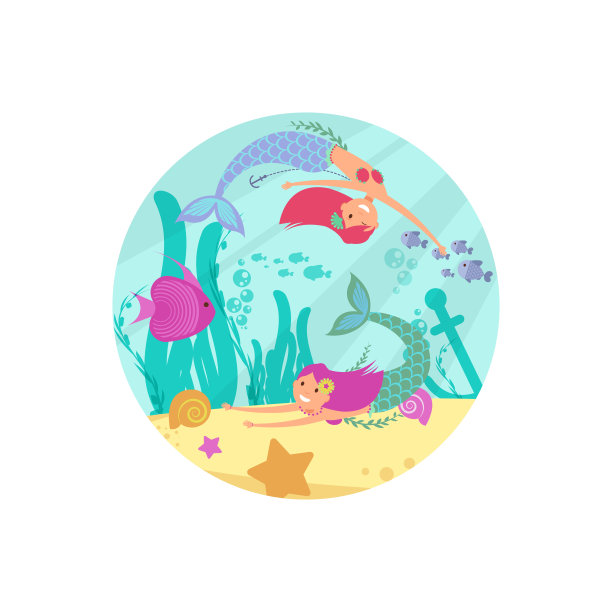 卡通童话水下矢量旗帜与美人鱼和鱼图片下载