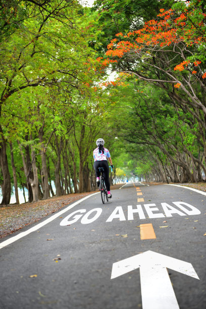 继续与箭头和女运动员骑自行车在道路上图片下载
