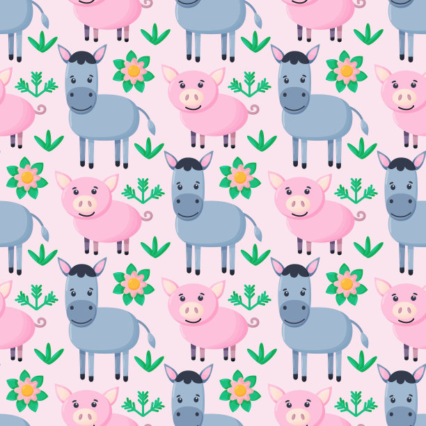 农场动物无缝模式。卡通可爱的小动物的收藏。猪,驴。平面矢量插图孤立。矢量图图片下载