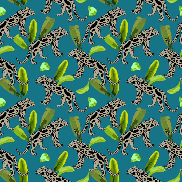 热带无缝图案豹和棕榈叶。图片下载