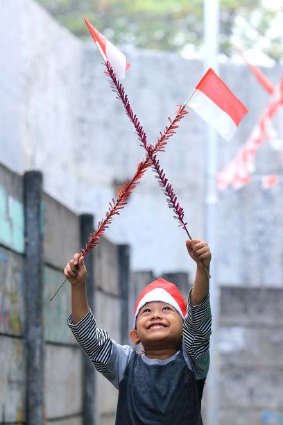一名小学生举着印尼国旗图片下载