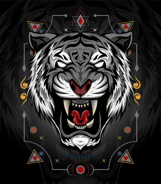 老虎头插图与愤怒的脸在黑色的背景。凶猛的野生老虎。设计T恤，吉祥物，标志团队，运动，金属印刷，墙壁艺术，贴纸。矢量插图风格图片下载