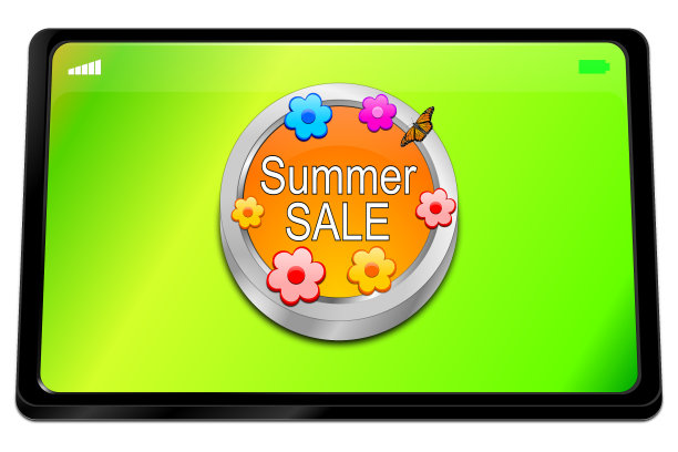 平板电脑与夏季销售按钮- 3D插图图片下载