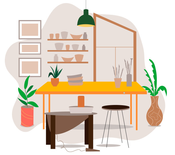 陶艺工作室，陶艺爱好。手工制作的陶器。陶瓷。彩色矢量插图在平面卡通风格图片下载