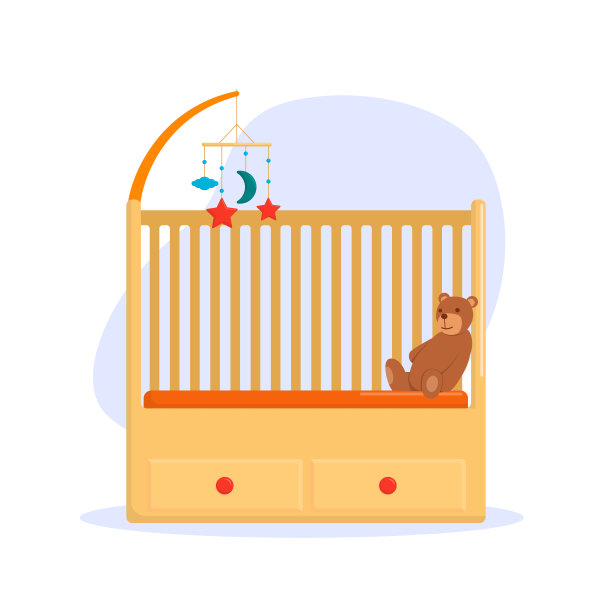 婴儿床与移动和泰迪熊。图片下载