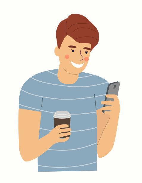 年轻男子看着智能手机，手里拿着咖啡。矢量平面风格插图图片下载