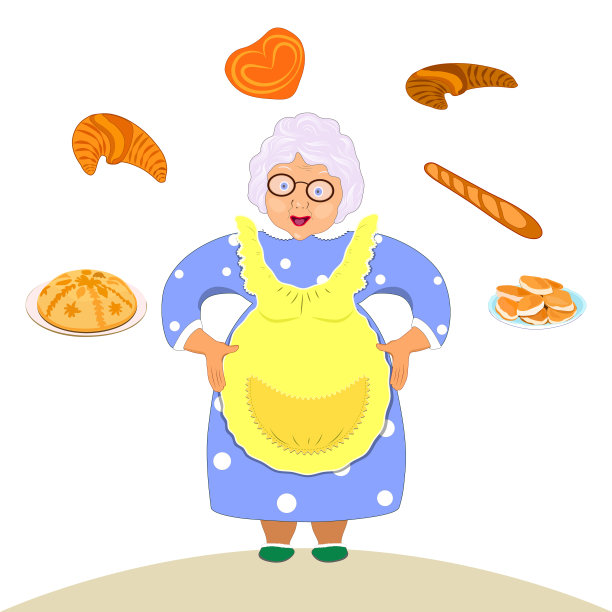 奶奶式平底锅配派。祖母戴着眼镜，围着围裙。烤馅饼。准备食物。孤立的,白色的。向量图片下载